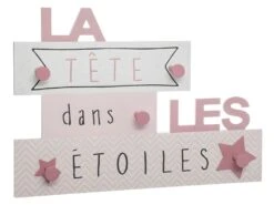 PatĂšre Enfant La TĂȘte Dans Les Ă©toiles 5 Crochets En Bois Rose L 48 X H 34 Cm