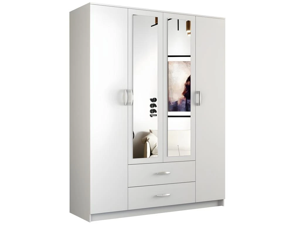 ROMA | Grande Armoire Chambre Bureau | Penderie Multifonctions | 2 Portes | 2 Miroirs | 2 Tiroirs | Meuble De Rangement | Etagères