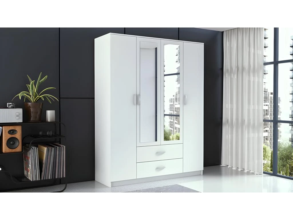 ROMA | Grande Armoire Chambre Bureau | Penderie Multifonctions | 2 Portes | 2 Miroirs | 2 Tiroirs | Meuble De Rangement | Etagères – Image 2