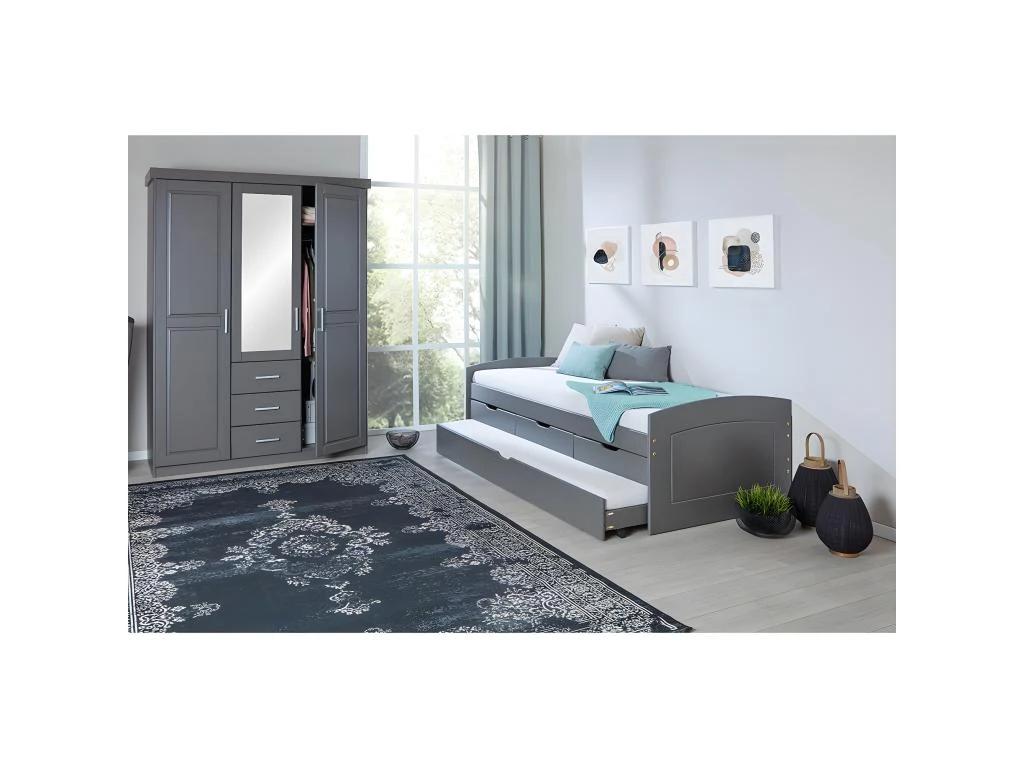 STRADI - Armoire 3 Portes 3 Tiroirs Grise Avec Miroir – Image 3