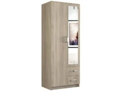 ROMA | Armoire Compacte Chambre Bureau | Penderie Multifonctions | 2 Portes | Miroir | 2 Tiroirs | Meuble De Rangement | Dressing