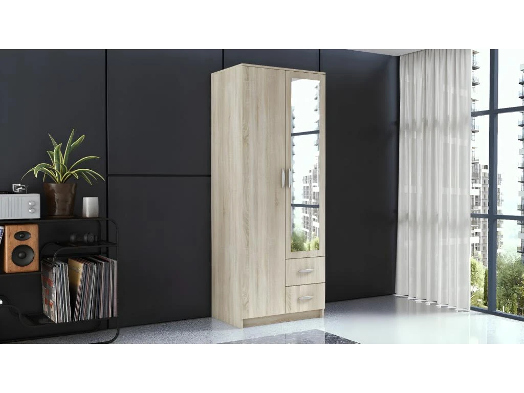 ROMA | Armoire Compacte Chambre Bureau | Penderie Multifonctions | 2 Portes | Miroir | 2 Tiroirs | Meuble De Rangement | Dressing – Image 3