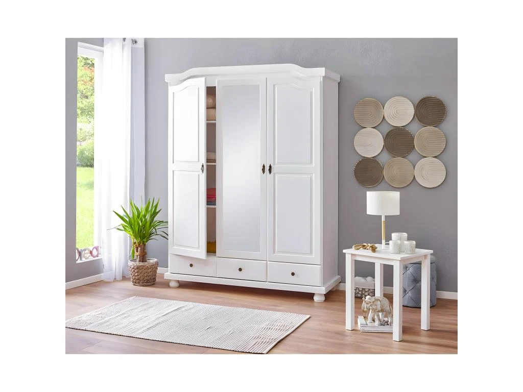 NEDER - Armoire 3 Portes Avec Penderie Bois Massif Vernis Blanc – Image 2