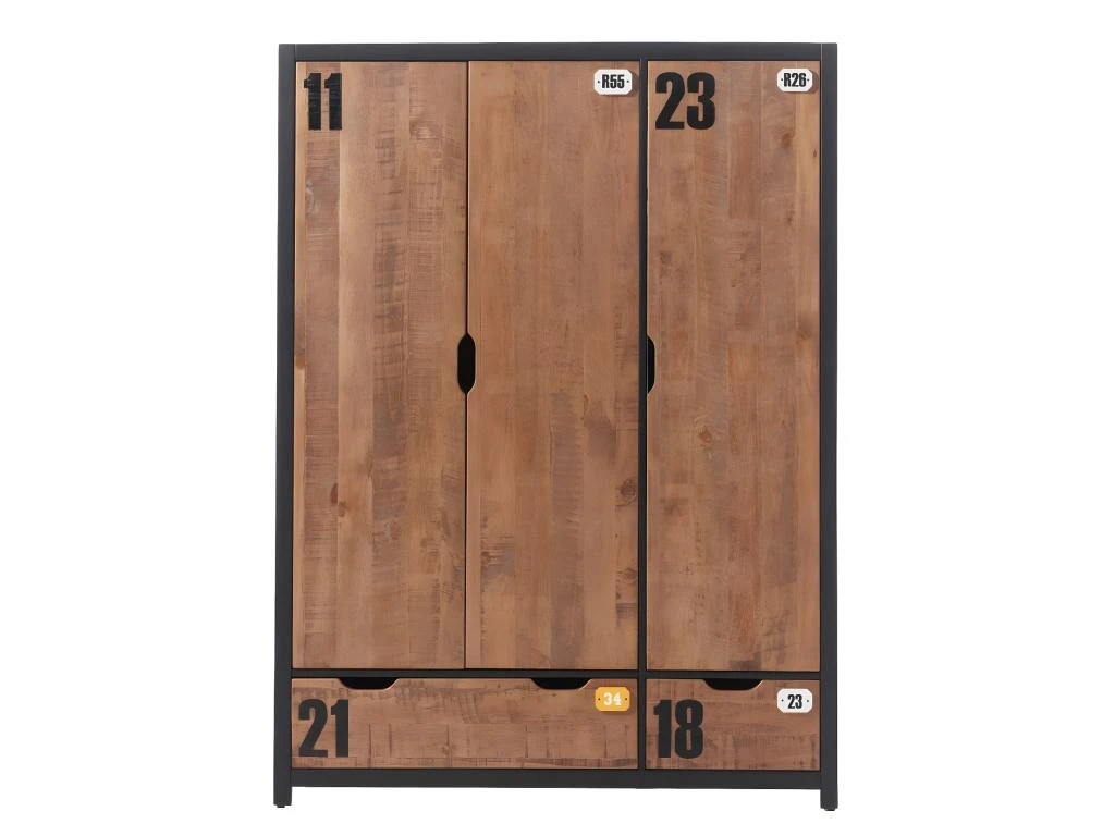 TCHAD - Armoire 3 Portes 2 Tiroirs En Pin Massif Avec Motifs