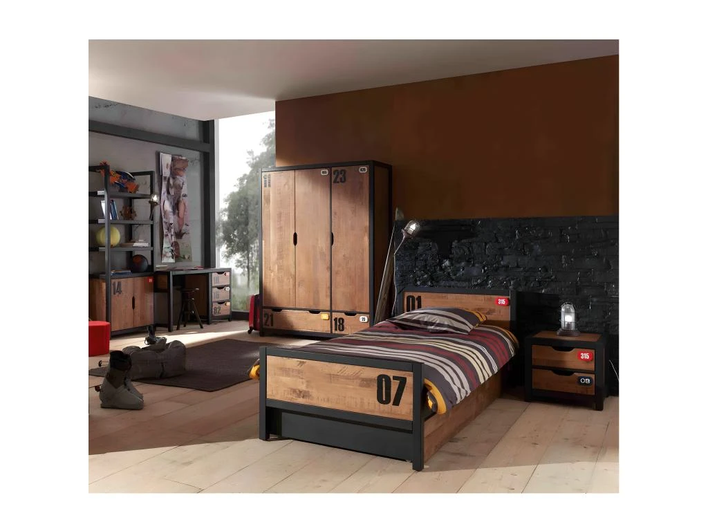 TCHAD - Armoire 3 Portes 2 Tiroirs En Pin Massif Avec Motifs â Image 2