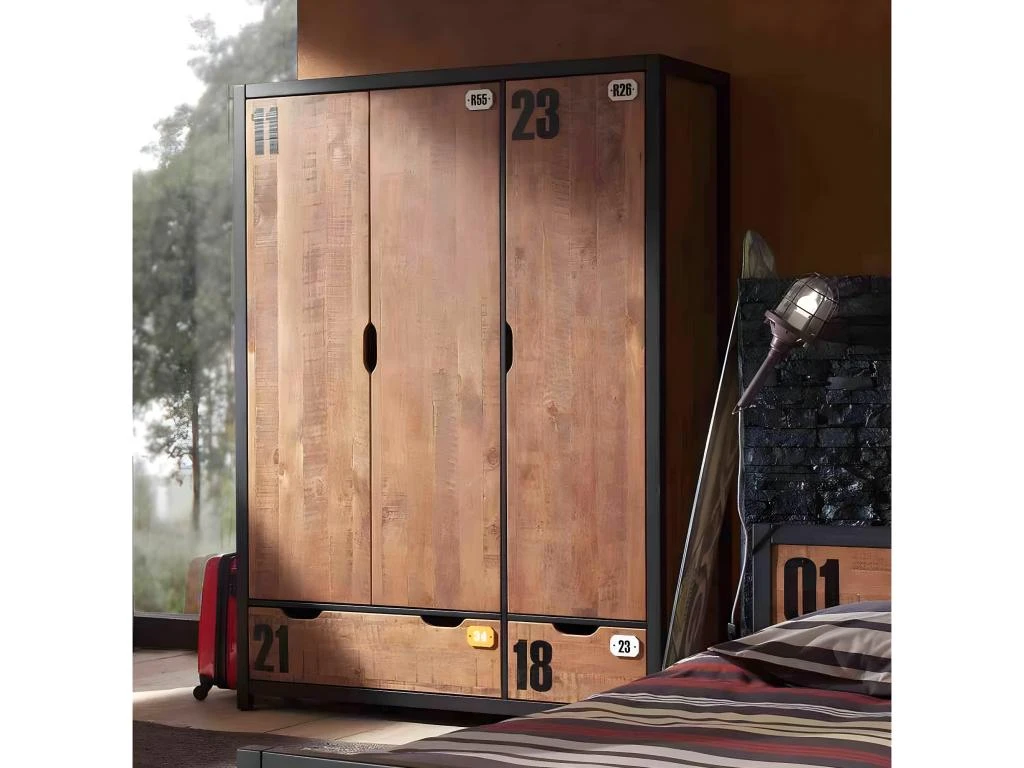 TCHAD - Armoire 3 Portes 2 Tiroirs En Pin Massif Avec Motifs â Image 3