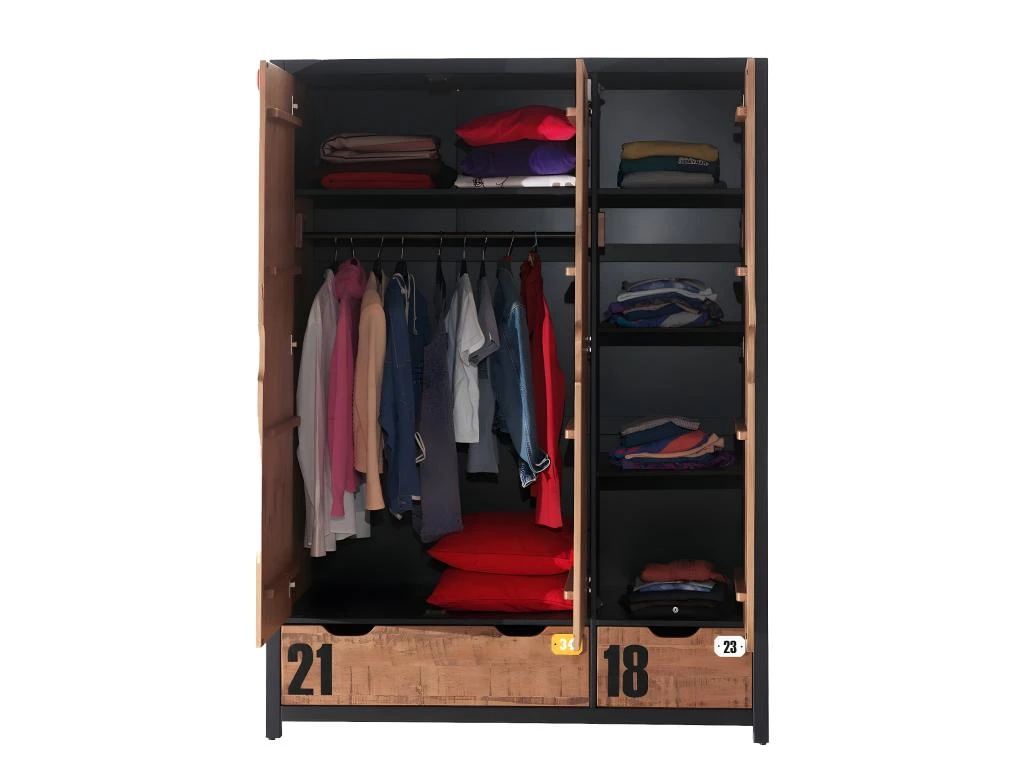 TCHAD - Armoire 3 Portes 2 Tiroirs En Pin Massif Avec Motifs â Image 4