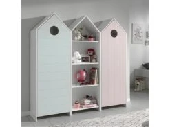 HAVRE - Pack Bibliothèque + 2 Armoires Rose Et Verte
