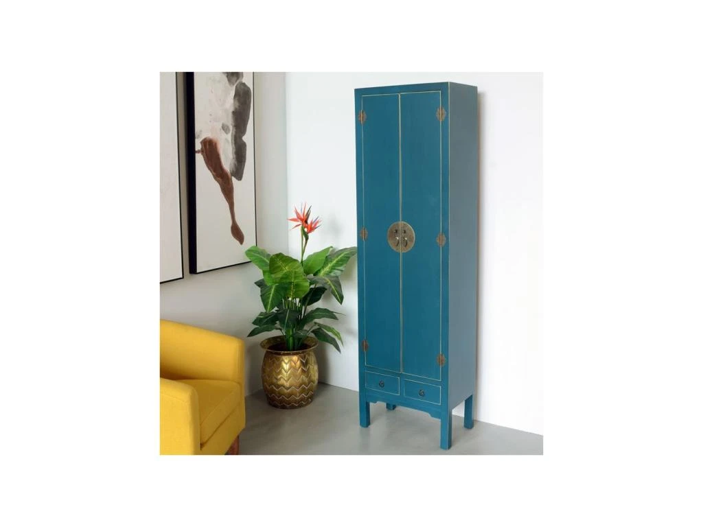 Armoire LingĂšre 2 Portes, 2 Tiroirs Bleue Meuble Chinois - PEKIN â Image 2
