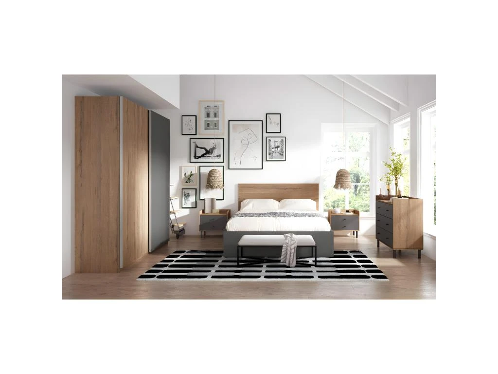 CAMINA - Armoire Penderie 2 Portes Coulissantes Effet Noyer Et Gris Anthracite â Image 2