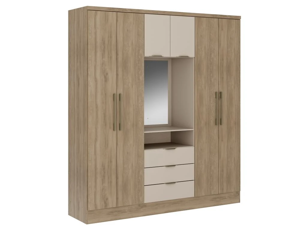 Armoire 6 Portes Et 3 Tiroirs - Avec Miroir - L180 Cm - Coloris : Naturel Et Beige - ELORIO – Image 3
