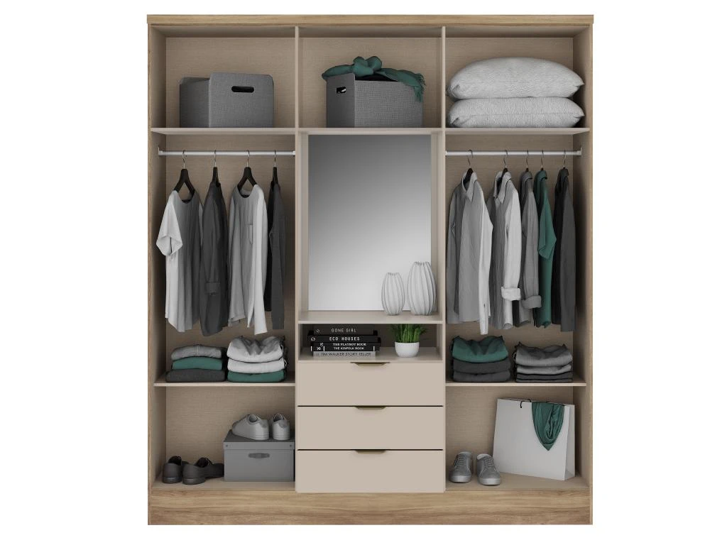 Armoire 6 Portes Et 3 Tiroirs - Avec Miroir - L180 Cm - Coloris : Naturel Et Beige - ELORIO – Image 4