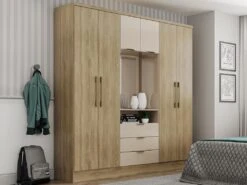 Armoire 6 Portes Et 3 Tiroirs - Avec Miroir - L180 Cm - Coloris : Naturel Et Beige - ELORIO