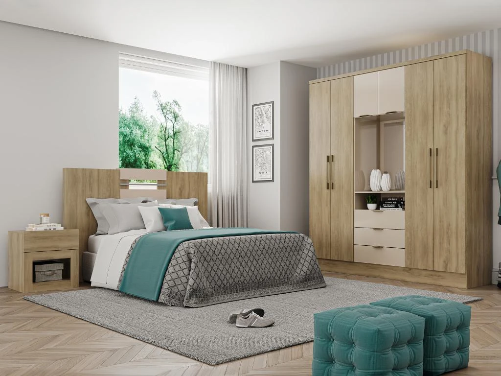 Armoire 6 Portes Et 3 Tiroirs - Avec Miroir - L180 Cm - Coloris : Naturel Et Beige - ELORIO – Image 2