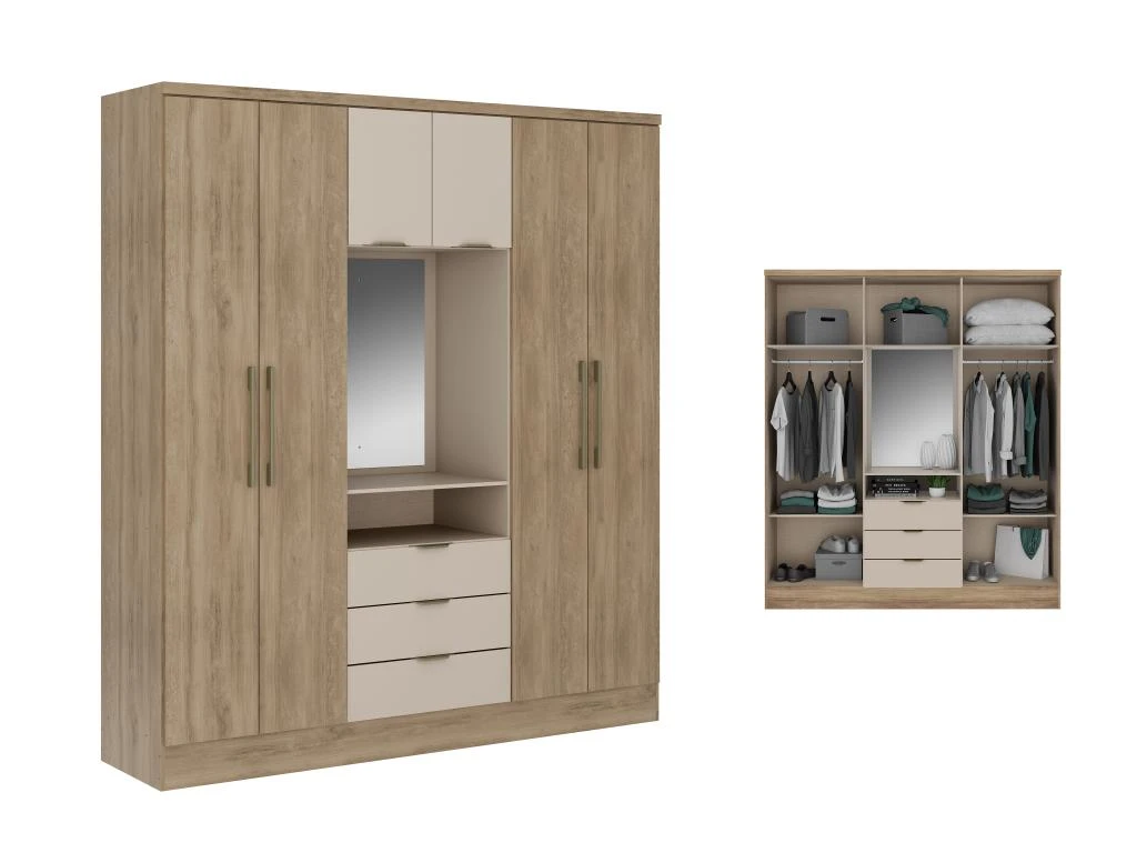 Armoire 6 Portes Et 3 Tiroirs - Avec Miroir - L180 Cm - Coloris : Naturel Et Beige - ELORIO – Image 6