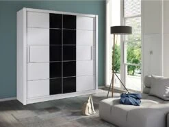 Armoire Collection BRESCIA, 2 Portes Coulissantes Coloris Noir Et Blanc, Penderie Intégrée.