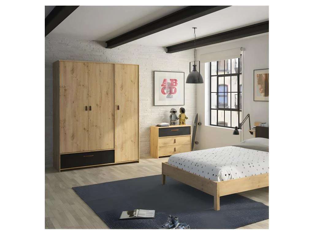 Armoire 3 Portes 1 Tiroir ChĂȘne/Noir - ESTHER â Image 2