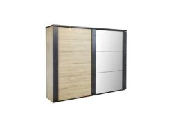 Armoire 217 Cm 2 Portes Coulissantes + Leds ChĂȘne Naturel/Noir - ZEUS