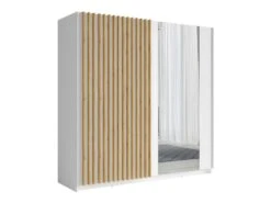 Armoire Design 200cm Coloris Blanc Et Chêne Collection STRANO. Deux Portes Coulissantes. Dressing Complet Avec Miroir.
