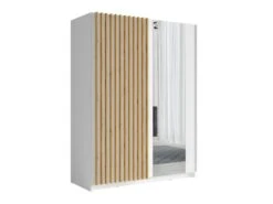 Armoire Design 150cm Coloris Blanc Et Chêne Collection STRANO. Deux Portes Coulissantes. Dressing Complet Avec Miroir.