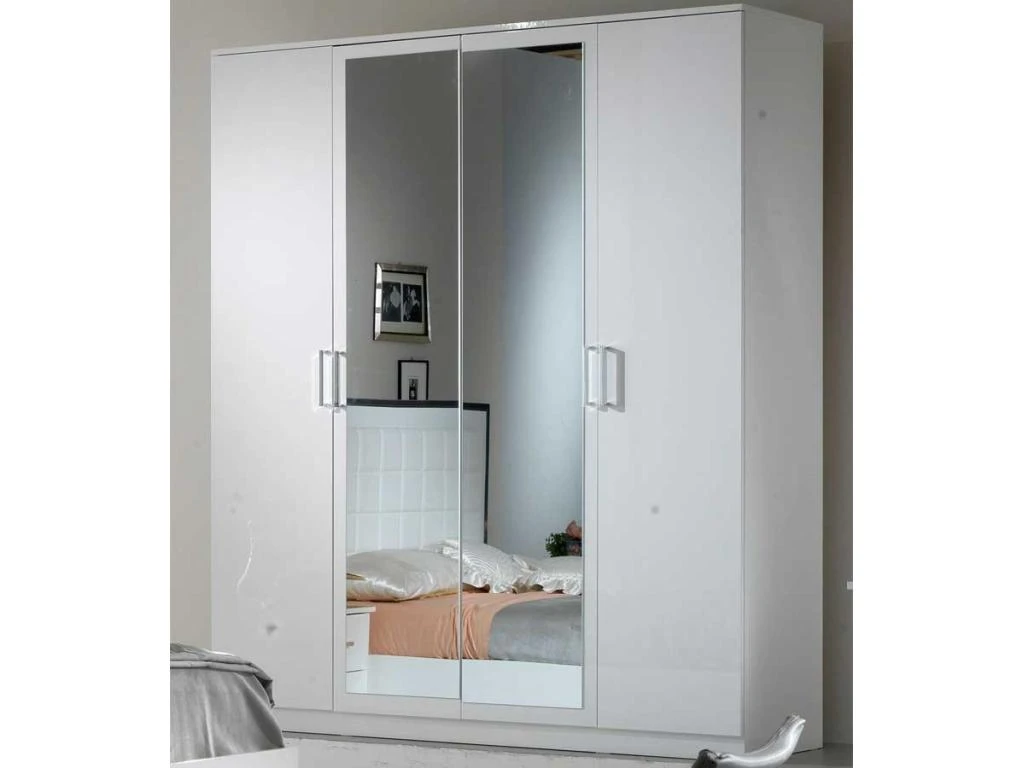Armoire 4 Portes Battantes 2 Miroirs Laqué Blanc Brillant - AREZZO - L 182 X L 63 X H 210 Cm