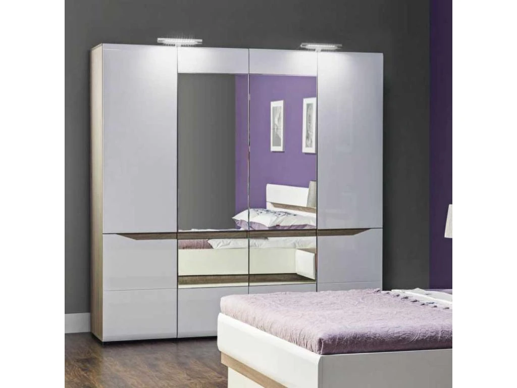 Armoire 4 Portes Battantes Blanc/Chêne à LED - ONIEL - L 198 X L 56 X H 201 Cm