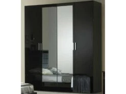 Armoire 4 Portes Battantes 2 Miroirs Laqué Noir Brillant - AREZZO - L 182 X L 63 X H 210 Cm