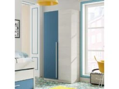 Armoire 2 Portes Battantes Bois Blanchi/Bleu - RIVERSIDE - L 90 X L 52 X H 200 Cm