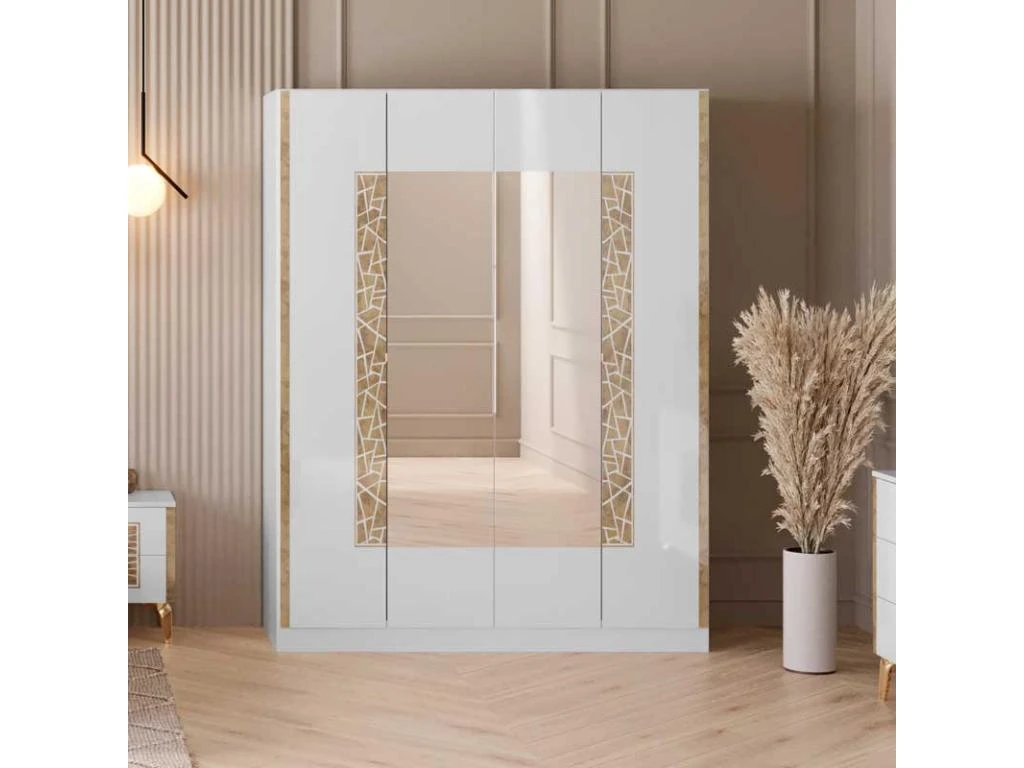 Armoire 4 Portes Battantes Blanc Brillant/Or - NAHESA - L 162 X L 53 X H 212 Cm