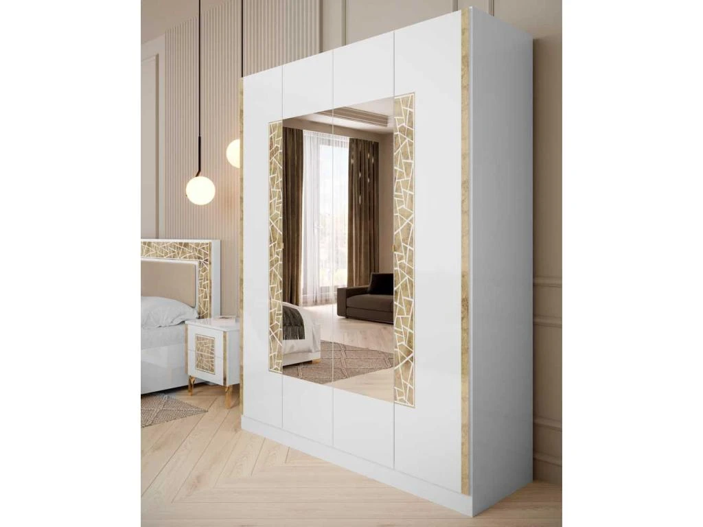 Armoire 4 Portes Battantes Blanc Brillant/Or - NAHESA - L 162 X L 53 X H 212 Cm â Image 2