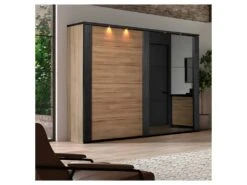Armoire 280 Cm 2 Portes Coulissantes + Leds ChĂȘne Naturel/Noir - ZEUS