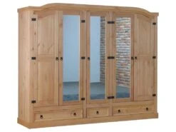 New Mexico Armoire 5 Portes Avec 3 Portes Miroirs, 2 Portes Lambrissées Et 3 Tiroirs, Délavés, Cirés.