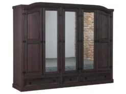 New Mexico Armoire 5 Portes Avec 3 Portes Miroirs, 2 Portes Lambrissées Et 3 Tiroirs, Finition Ciré En Style Colonial.