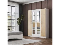 Armoire 4 Portes Battantes Blanc Brillant/Chêne Naturel - MARGUERITE - L 162 X L 52 X H 199 Cm