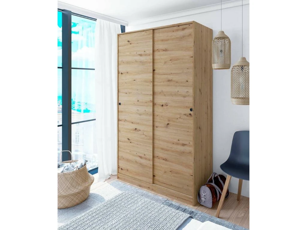 Armoire Waterbury, Armoire De Chambre Avec 2 Portes Coulissantes, Meuble Avec 4 étagères Et Tringle à Vêtements, 120x50h200 Cm, Chêne Knots – Image 2