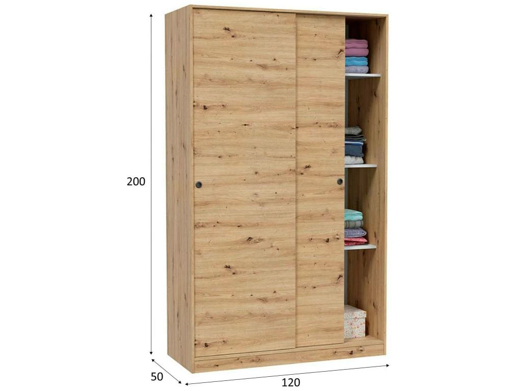 Armoire Waterbury, Armoire De Chambre Avec 2 Portes Coulissantes, Meuble Avec 4 étagères Et Tringle à Vêtements, 120x50h200 Cm, Chêne Knots – Image 3