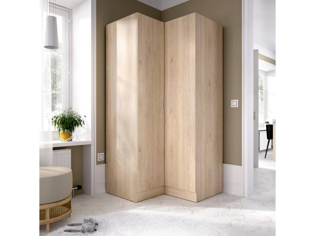 Armoire Elgon, Meubles D'angle Pour Chambre à Coucher, Armoire D'angle Avec 2 Portes Battantes, 91x93h184 Cm, Chêne – Image 2