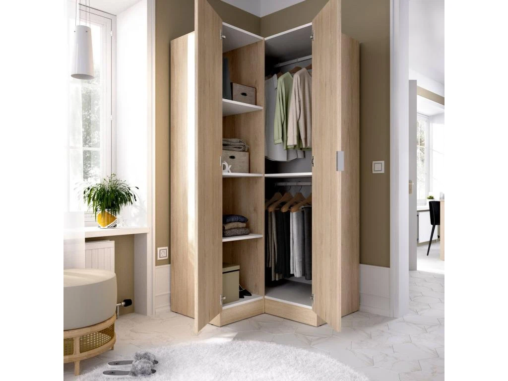 Armoire Elgon, Meubles D'angle Pour Chambre à Coucher, Armoire D'angle Avec 2 Portes Battantes, 91x93h184 Cm, Chêne – Image 4