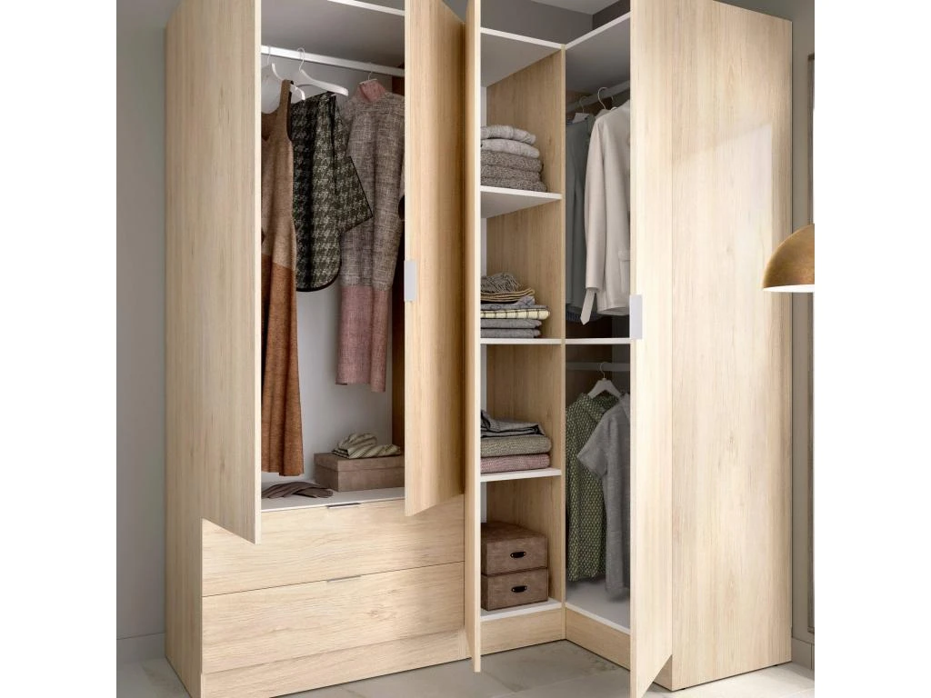 Armoire Sillara, Meubles D'angle Pour Chambre à Coucher, Armoire D'angle Avec 4 Portes Battantes, 174x91h184 Cm, Chêne – Image 5