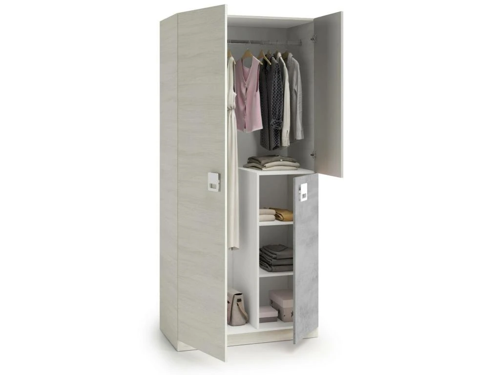 Armoire Manchester, Armoire Pour Chambre à Coucher, Meuble Avec 3 Portes Et 3 étagères Avec Tringle à Vêtements, 90x52h200 Cm, Gris Et Ciment