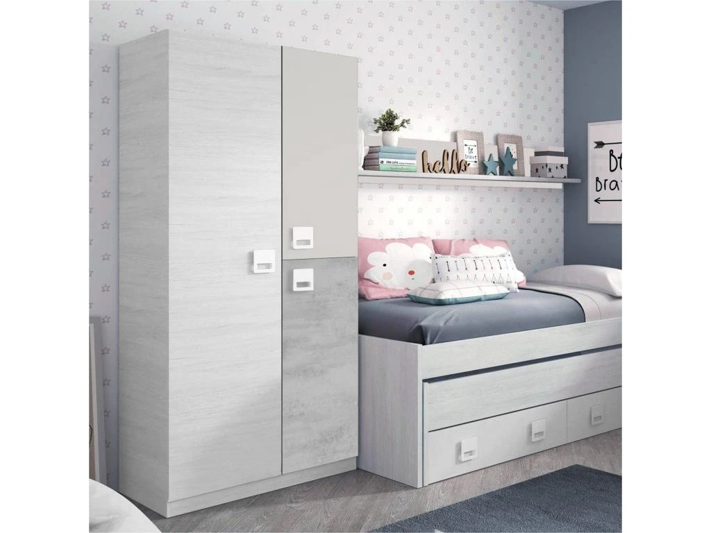 Armoire Manchester, Armoire Pour Chambre à Coucher, Meuble Avec 3 Portes Et 3 étagères Avec Tringle à Vêtements, 90x52h200 Cm, Gris Et Ciment – Image 2