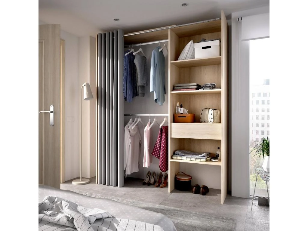 Armoire Wetterhorn, Structure Pour Dressing Avec Rideau, Portemanteau Ouvert, 160x50h203 Cm, ChĂȘne â Image 4