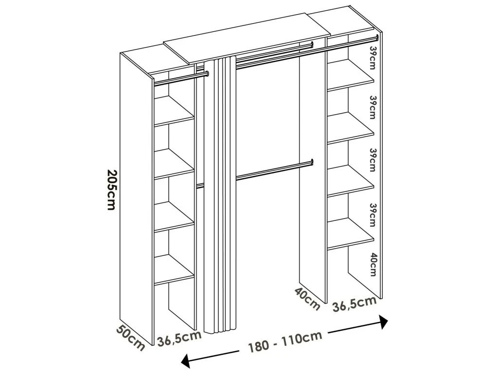 Armoire Manaslu, Structure Pour Dressing, Porte-manteau Extensible Ouvert, 180x50h205 Cm, ChĂȘne Et Gris â Image 3
