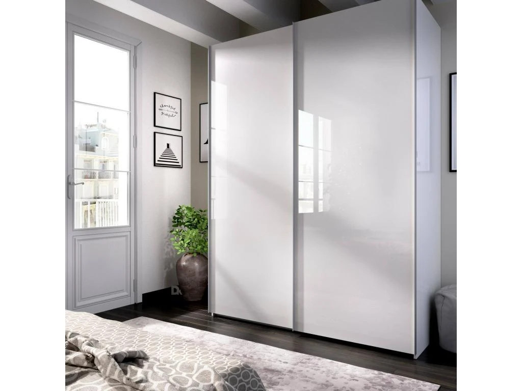 Armoire Nuptse, Porte-manteau Pour Chambre, Armoire Avec 2 Portes Coulissantes, 150x65h204 Cm, Blanc â Image 2