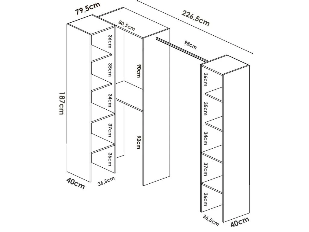 Armoire Plose, Structure Pour Dressing D'angle, Porte-manteau D'angle Ouvert, 226x79h186 Cm, Blanc â Image 3