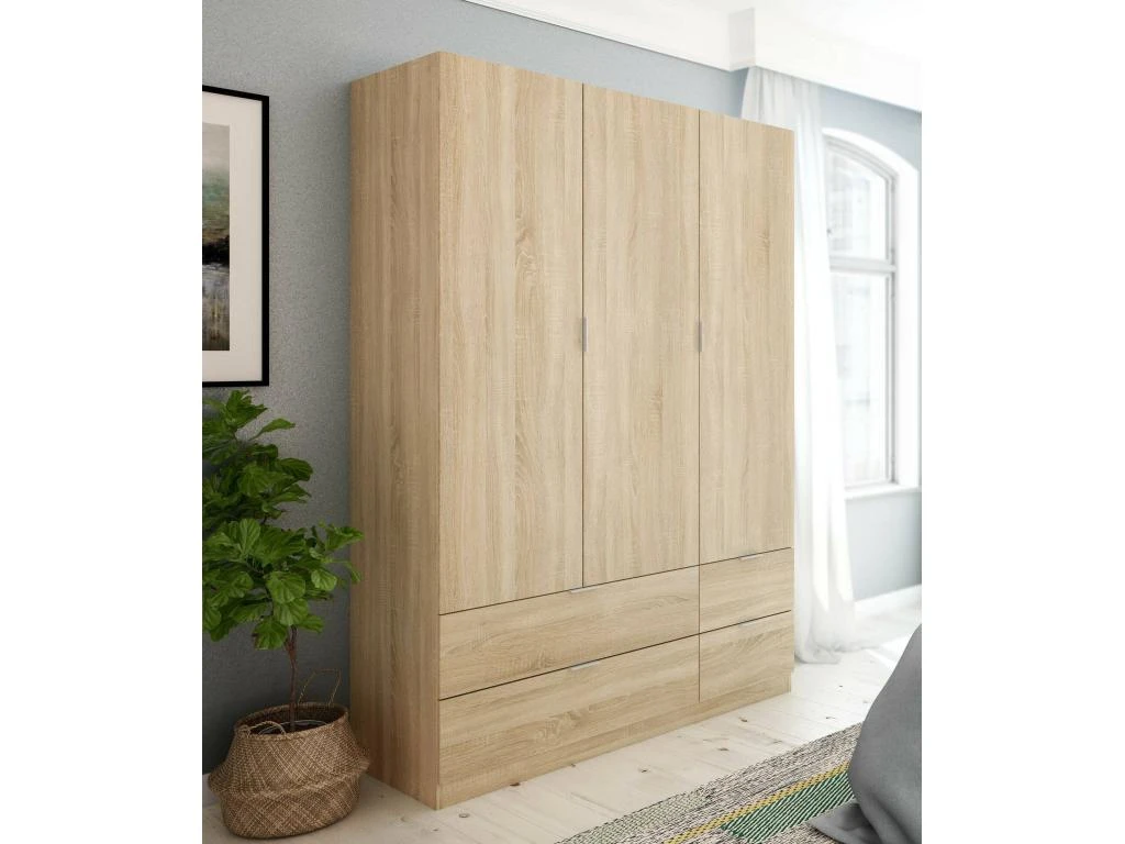Armoire Weymouth, Meubles De Chambre Avec 3 Portes Et 2 Tiroirs, Cintre, 135x52h200 Cm, ChĂȘne â Image 2