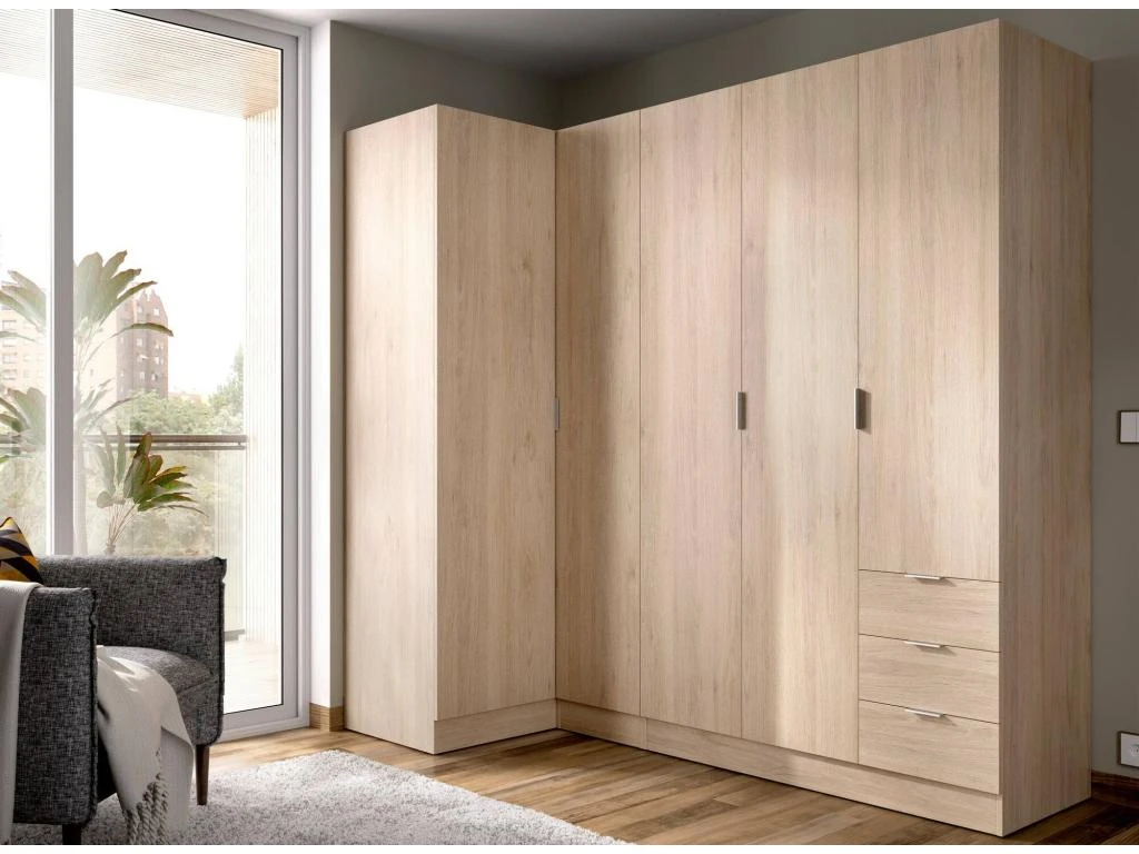 Armoire Sucso, Meuble D'angle Pour Chambre à Coucher, Armoire D'angle Avec 5 Portes Battantes, 214x91h184 Cm, Chêne – Image 2
