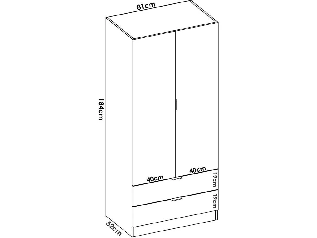 Armoire Pisanino, Portemanteau Pour Chambre, Armoire Avec 2 Portes Battantes Et 2 Tiroirs, 81x52h184 Cm, Blanc â Image 3