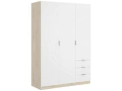 Armoire Cimone, Portemanteau Pour Chambre, Armoire Avec 3 Portes Battantes Et 3 Tiroirs, 121x52h184 Cm, Blanc Et Chêne
