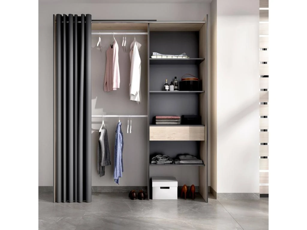 Armoire Wetterhorn, Structure Pour Dressing Avec Rideau, Portemanteau Ouvert, 160x50h205 Cm, ChĂȘne Et Anthracite â Image 2